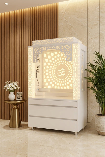 Compact Acrylic Mandir with Backlit Pillars for Apartments — Luxury Home Interior — Satguru Creations