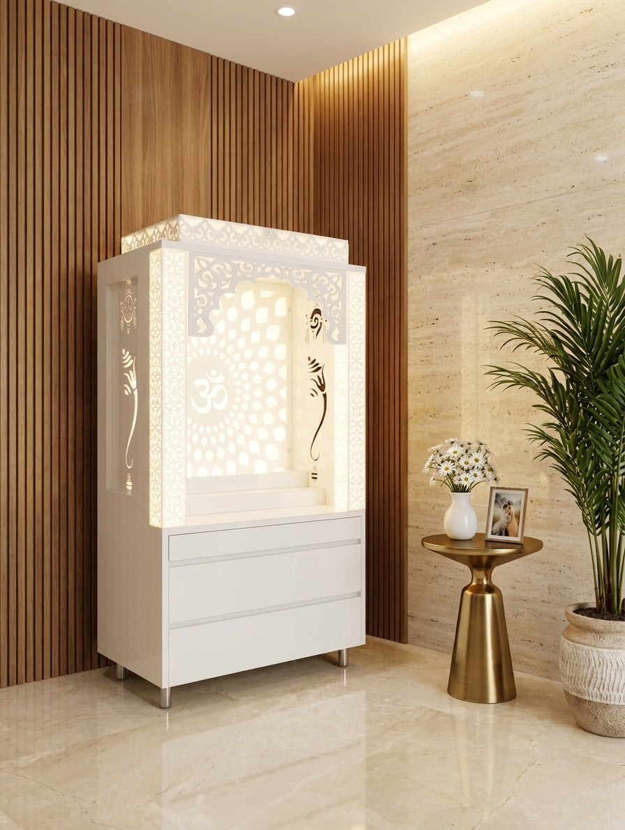 Compact Acrylic Mandir with Backlit Pillars for Apartments — Luxury Indian Home Interior — Satguru Creations