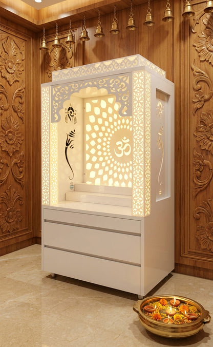 Compact Acrylic Mandir with Backlit Pillars for Apartments — Luxury Indian Home Interior — Satguru Creations