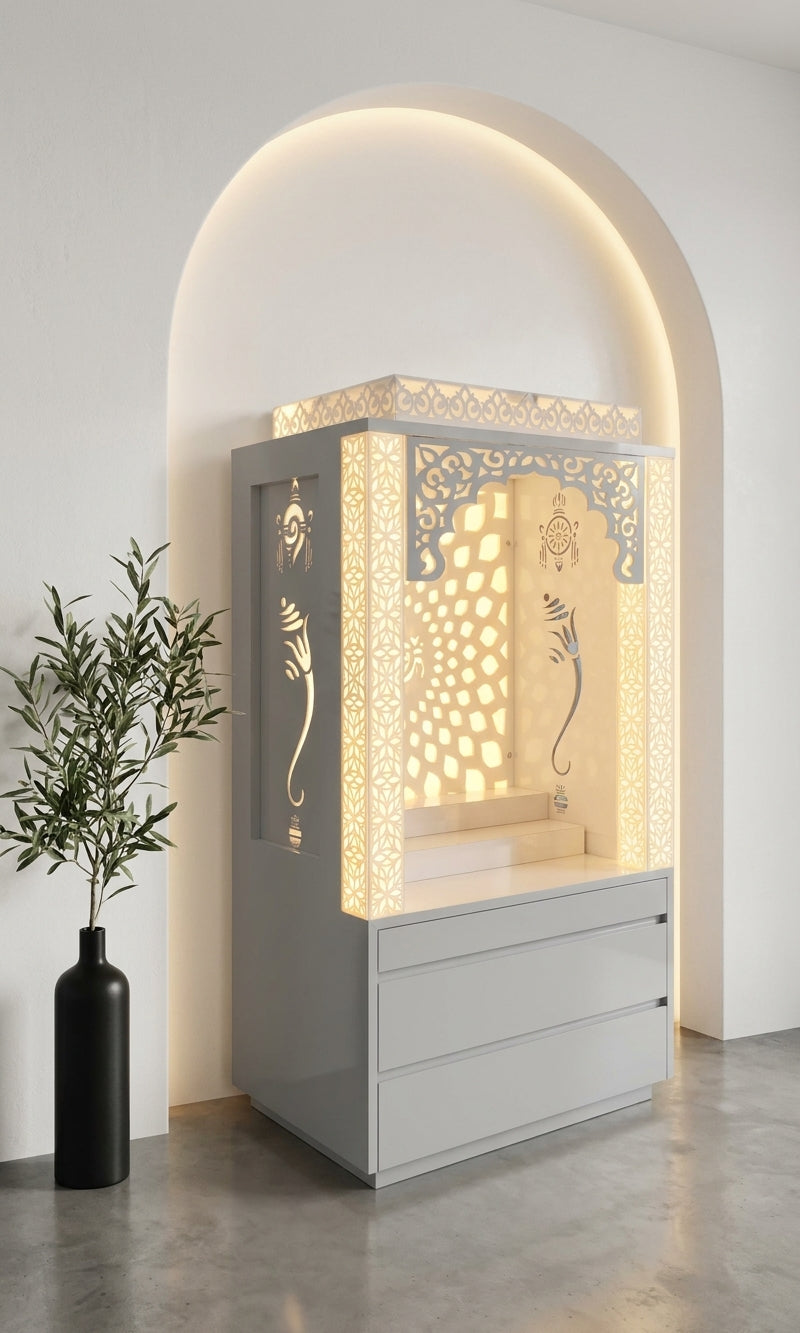 Compact Acrylic Mandir with Backlit Pillars for Apartments — Luxury Indian Home Interior — Satguru Creations