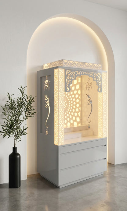Compact Acrylic Mandir with Backlit Pillars for Apartments — Luxury Indian Home Interior — Satguru Creations