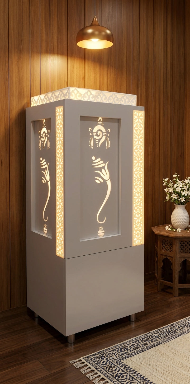 Compact Acrylic Mandir with Backlit Pillars for Apartments — Luxury Indian Home Interior — Satguru Creations