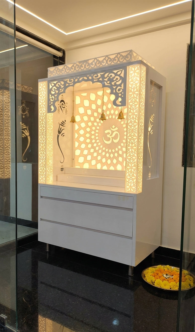 Compact Acrylic Mandir with Backlit Pillars for Apartments — Luxury Indian Home Interior — Satguru Creations
