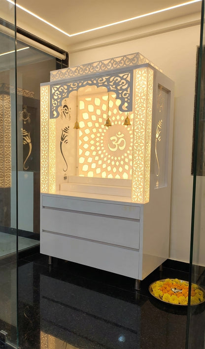 Compact Acrylic Mandir with Backlit Pillars for Apartments — Luxury Indian Home Interior — Satguru Creations