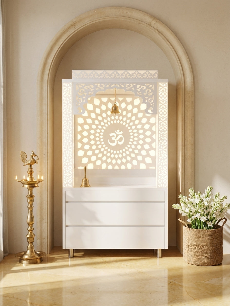 Compact Acrylic Mandir with Backlit Pillars for Apartments — Luxury Indian Home Interior — Satguru Creations