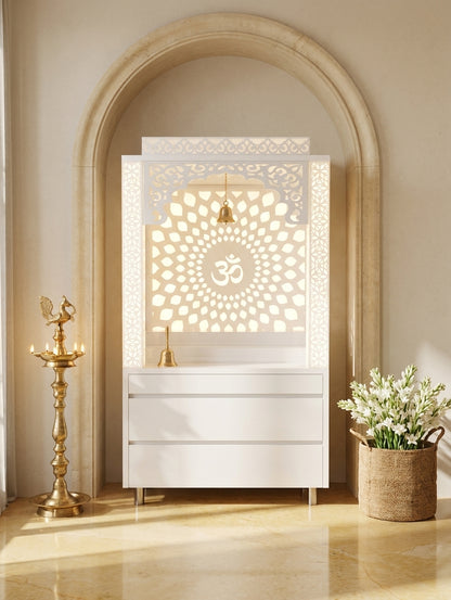 Compact Acrylic Mandir with Backlit Pillars for Apartments — Luxury Indian Home Interior — Satguru Creations