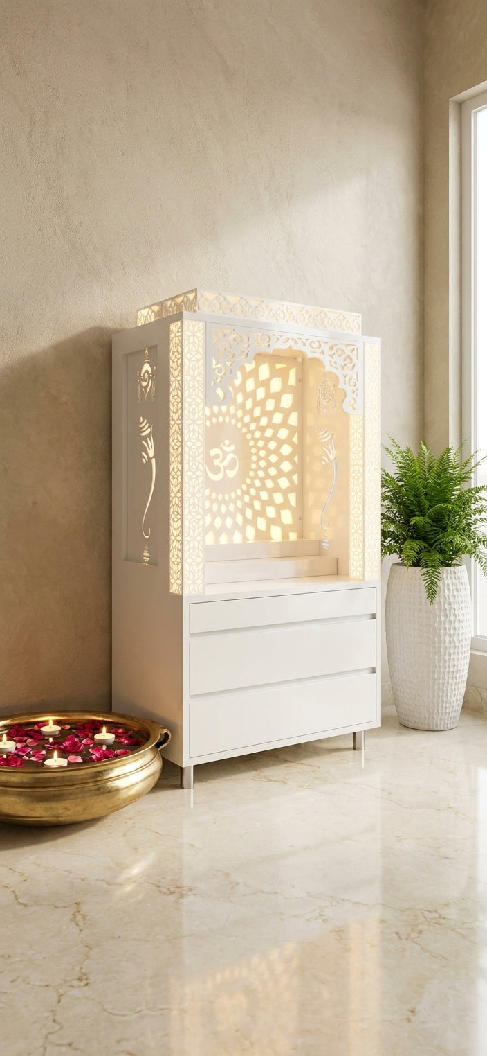 Compact Acrylic Mandir with Backlit Pillars for Apartments — Luxury Indian Home Interior — Satguru Creations