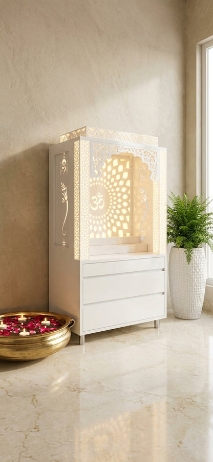 Compact Acrylic Mandir with Backlit Pillars for Apartments — Luxury Indian Home Interior — Satguru Creations