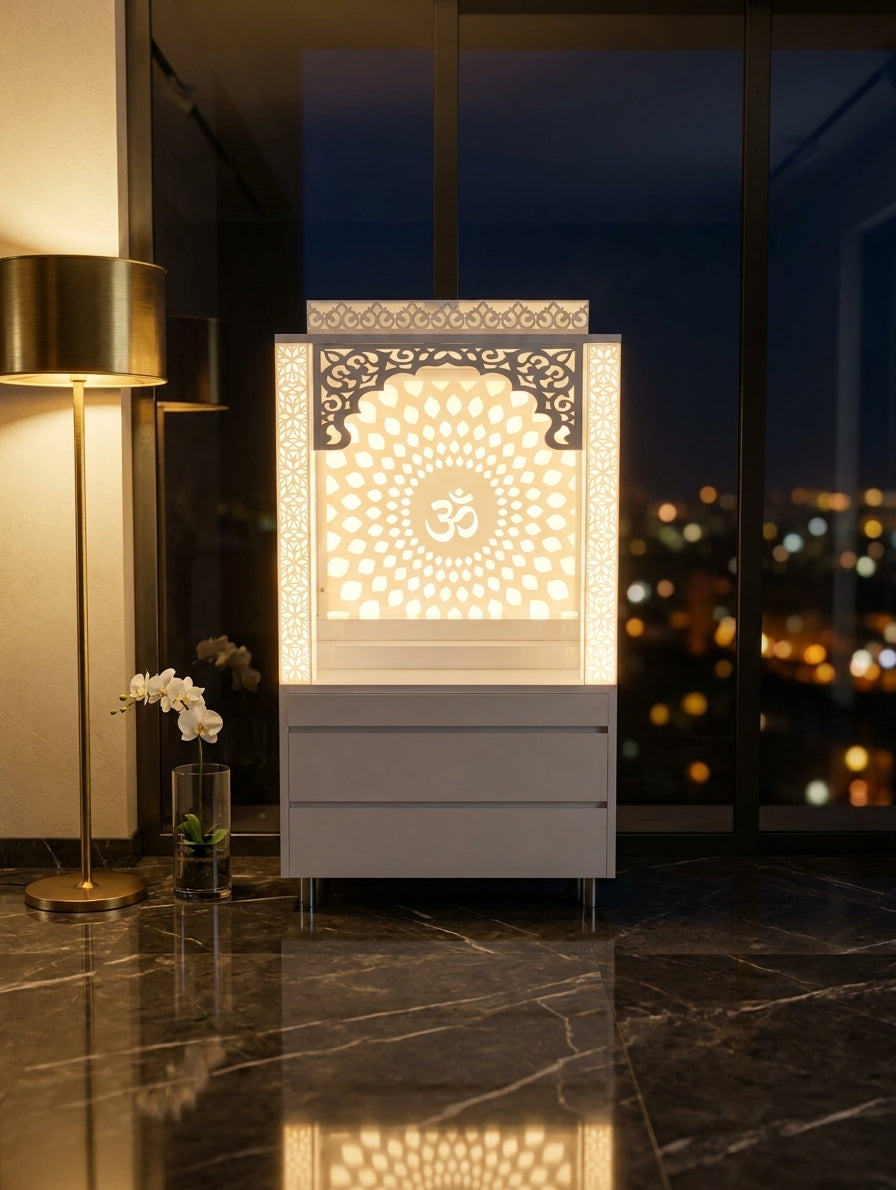 Compact Acrylic Mandir with Backlit Pillars for Apartments — Luxury Indian Home Interior — Satguru Creations