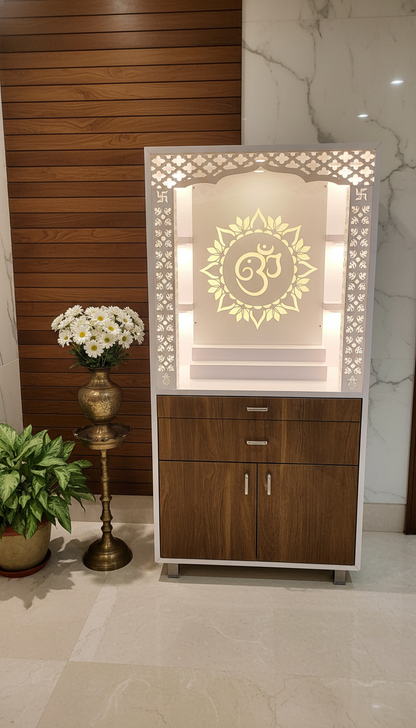 Acrylic Mandir Design 4ft x 2.5ft — Om Ganesha Home Temple — Luxury Home Interior — Satguru Creations
