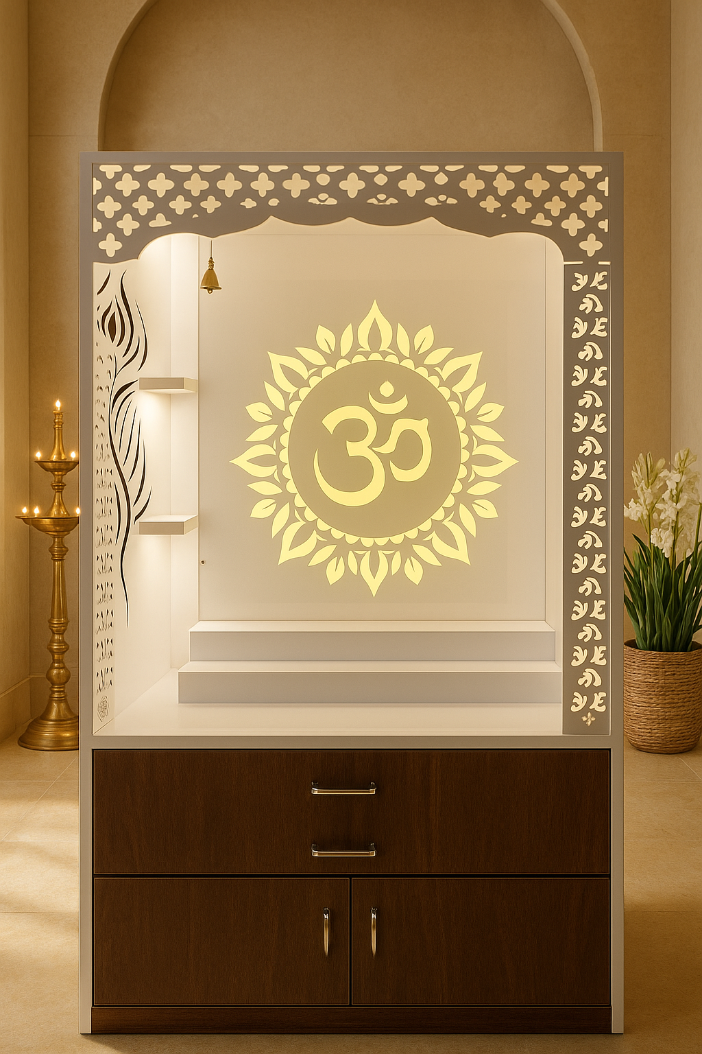 Acrylic Mandir Design 4ft x 2.5ft — Om Ganesha Home Temple — Luxury Indian Home Interior — Satguru Creations