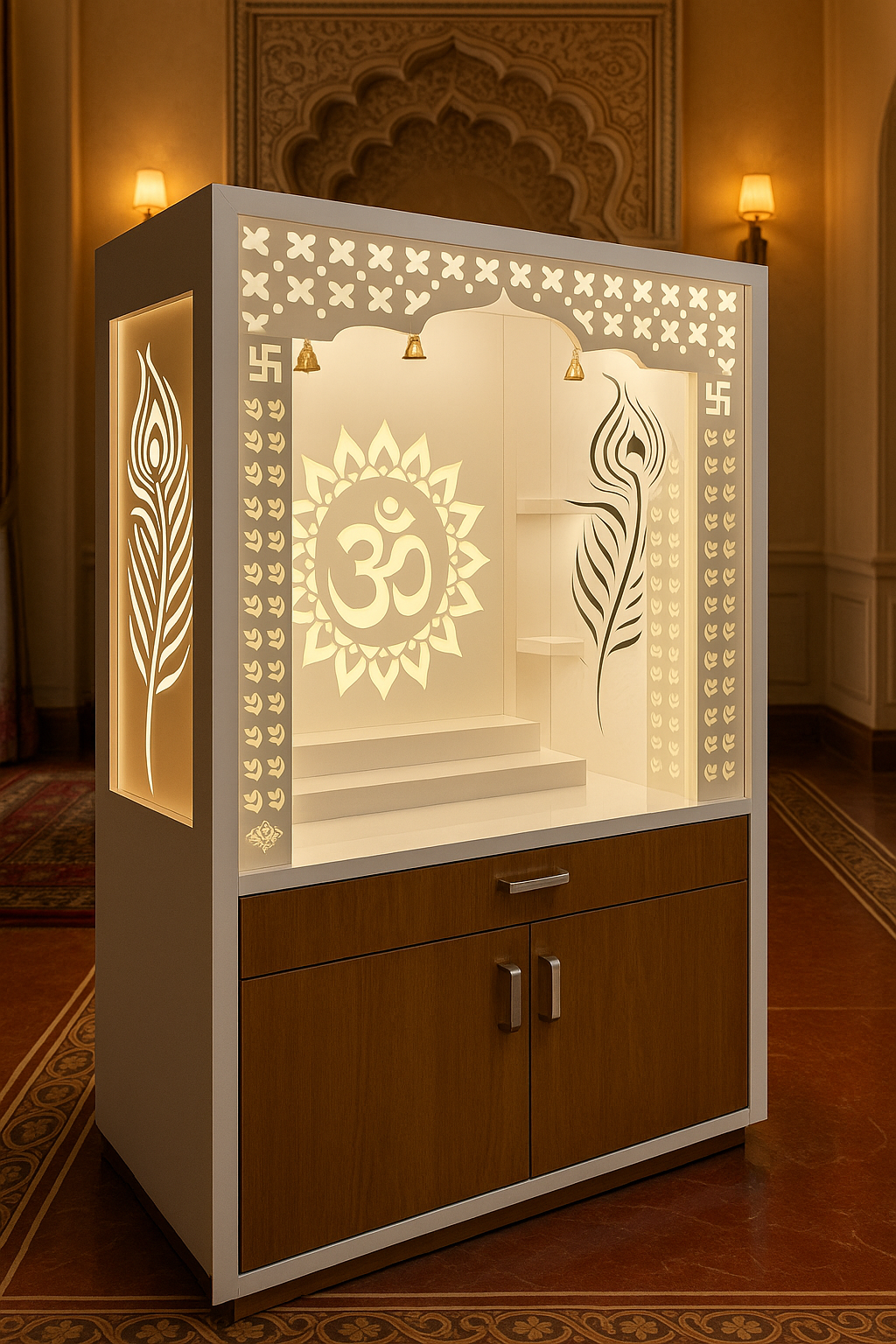 Acrylic Mandir Design 4ft x 2.5ft — Om Ganesha Home Temple — Luxury Indian Home Interior — Satguru Creations