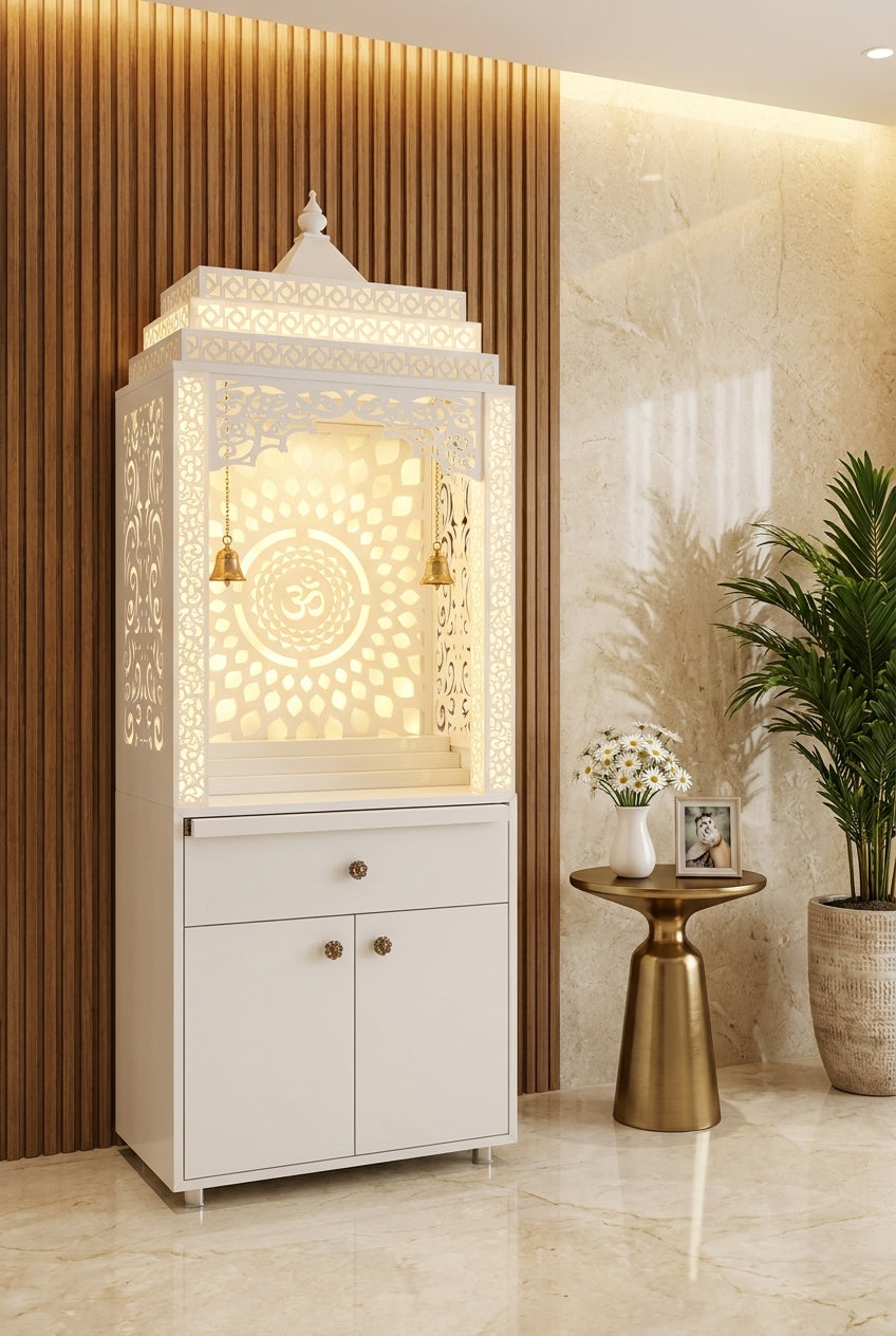 3-Step Backlit Dome Corian Mandir with LED Halo — Luxury Home Interior — Satguru Creations