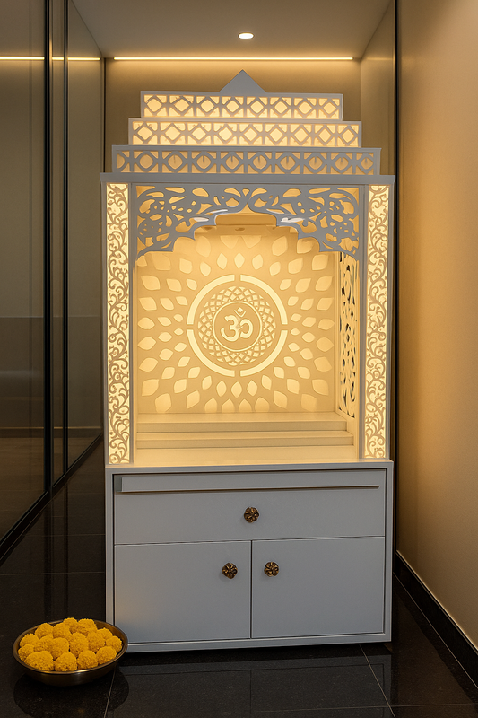 3-Step Backlit Dome Corian Mandir with LED Halo — Luxury Indian Home Interior — Satguru Creations