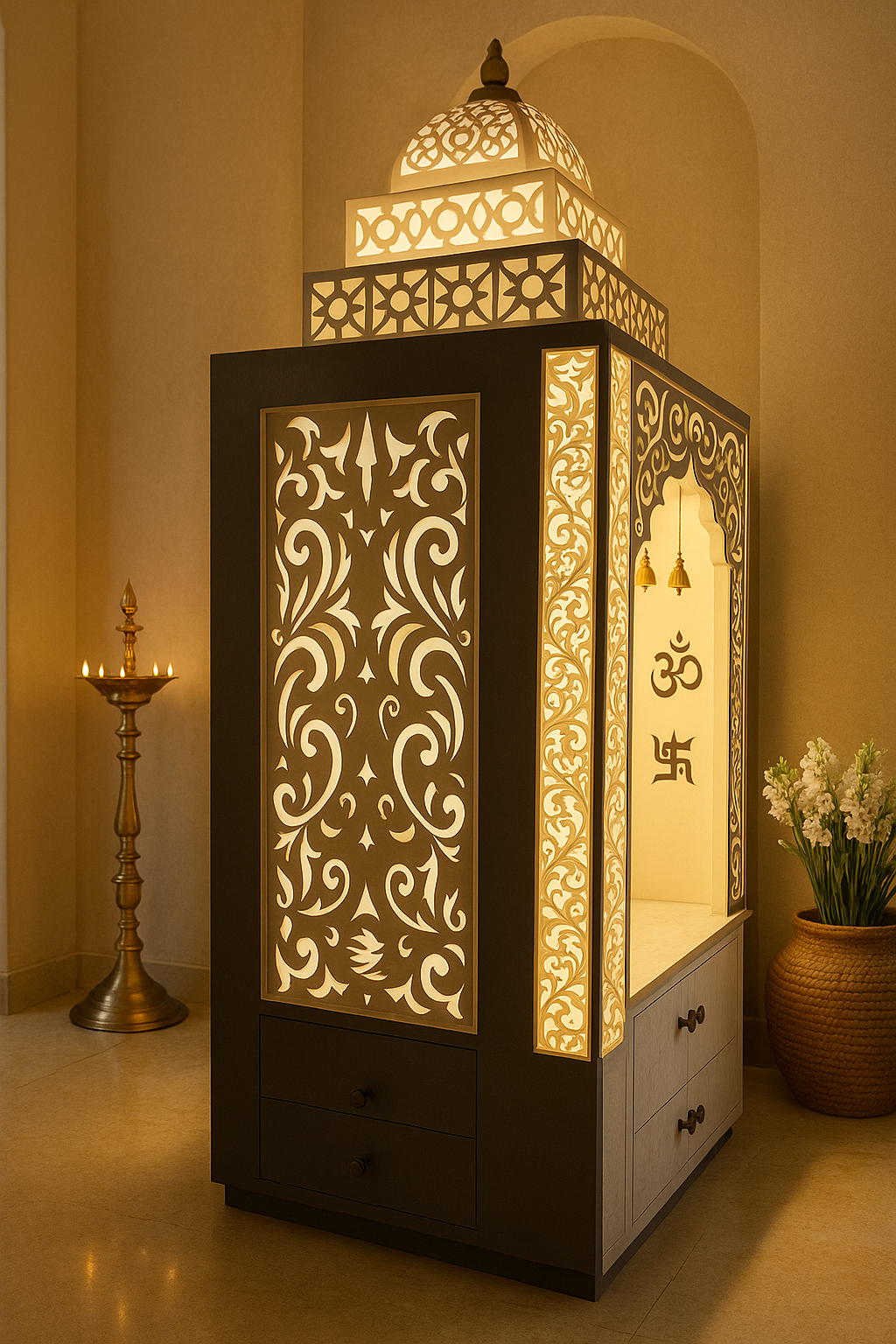 3-Step Backlit Dome Corian Mandir with LED Halo — Luxury Indian Home Interior — Satguru Creations