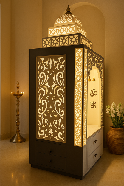 3-Step Backlit Dome Corian Mandir with LED Halo — Luxury Indian Home Interior — Satguru Creations