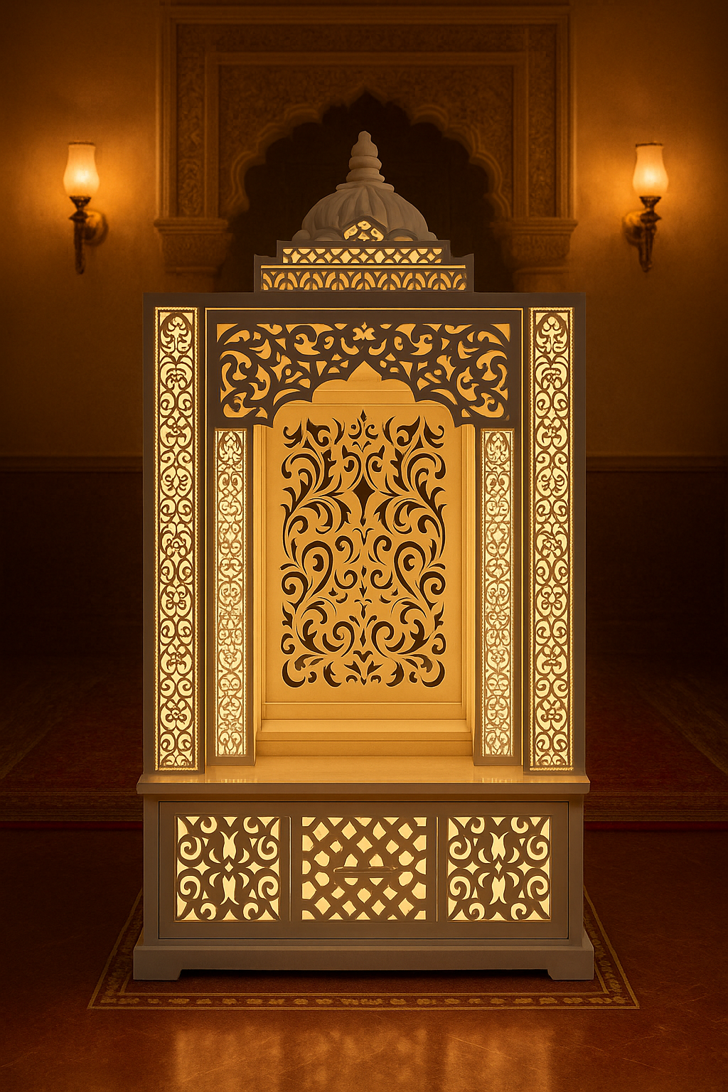 3-Step Backlit Dome Corian Mandir with LED Halo — Luxury Indian Home Interior — Satguru Creations