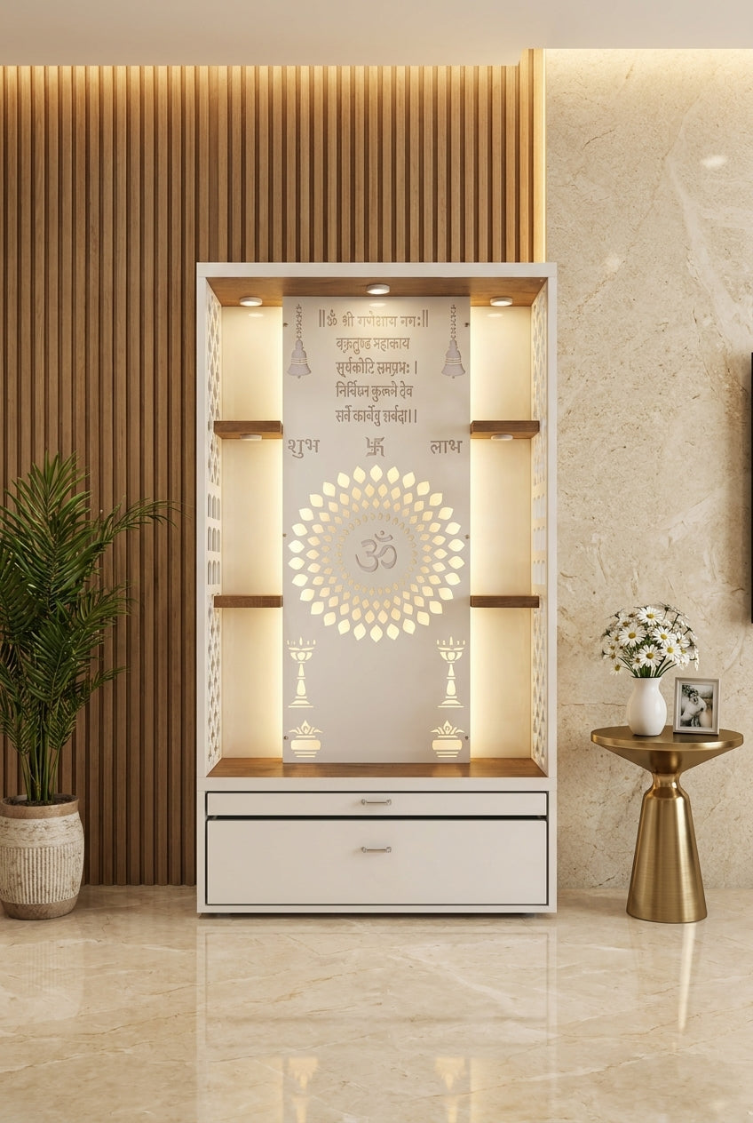 Acrylic Mandir with Floating Shelves — 5ft Open Altar — Luxury Home Interior — Satguru Creations