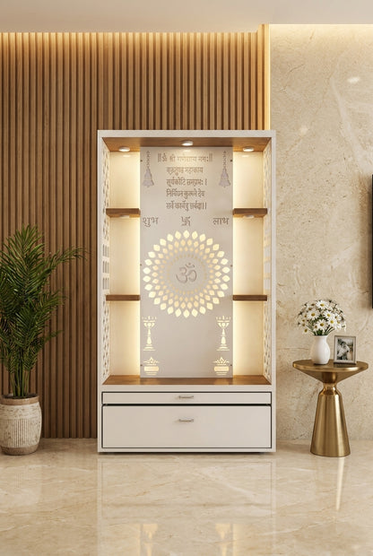 Acrylic Mandir with Floating Shelves — 5ft Open Altar — Luxury Home Interior — Satguru Creations