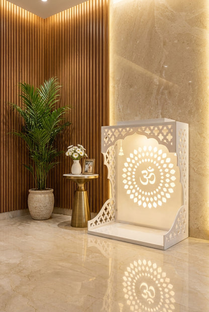 Wall-Mount Corian Mandir for Home — Customisable Backdrop — Luxury Home Interior — Satguru Creations