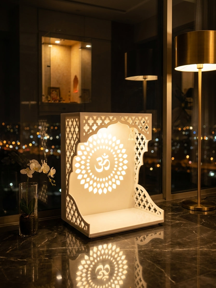 Wall-Mount Corian Mandir for Home — Customisable Backdrop — Luxury Indian Home Interior — Satguru Creations