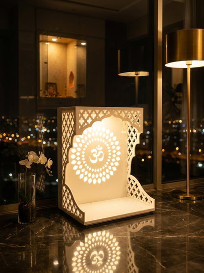 Wall-Mount Corian Mandir for Home — Customisable Backdrop — Luxury Indian Home Interior — Satguru Creations