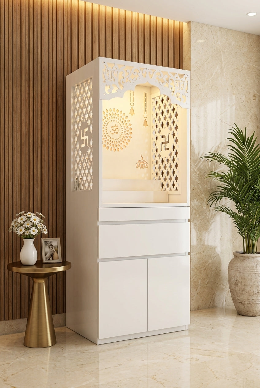 White Handleless Acrylic Mandir — Minimalist Home Temple — Luxury Home Interior — Satguru Creations