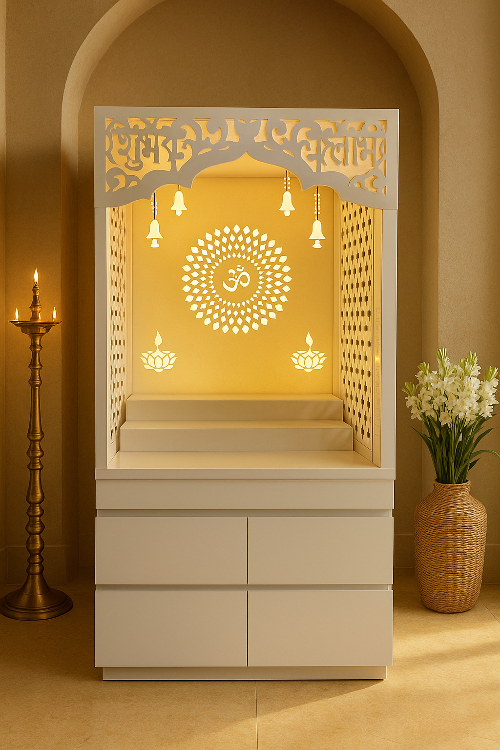 White Handleless Acrylic Mandir — Minimalist Home Temple — Luxury Indian Home Interior — Satguru Creations