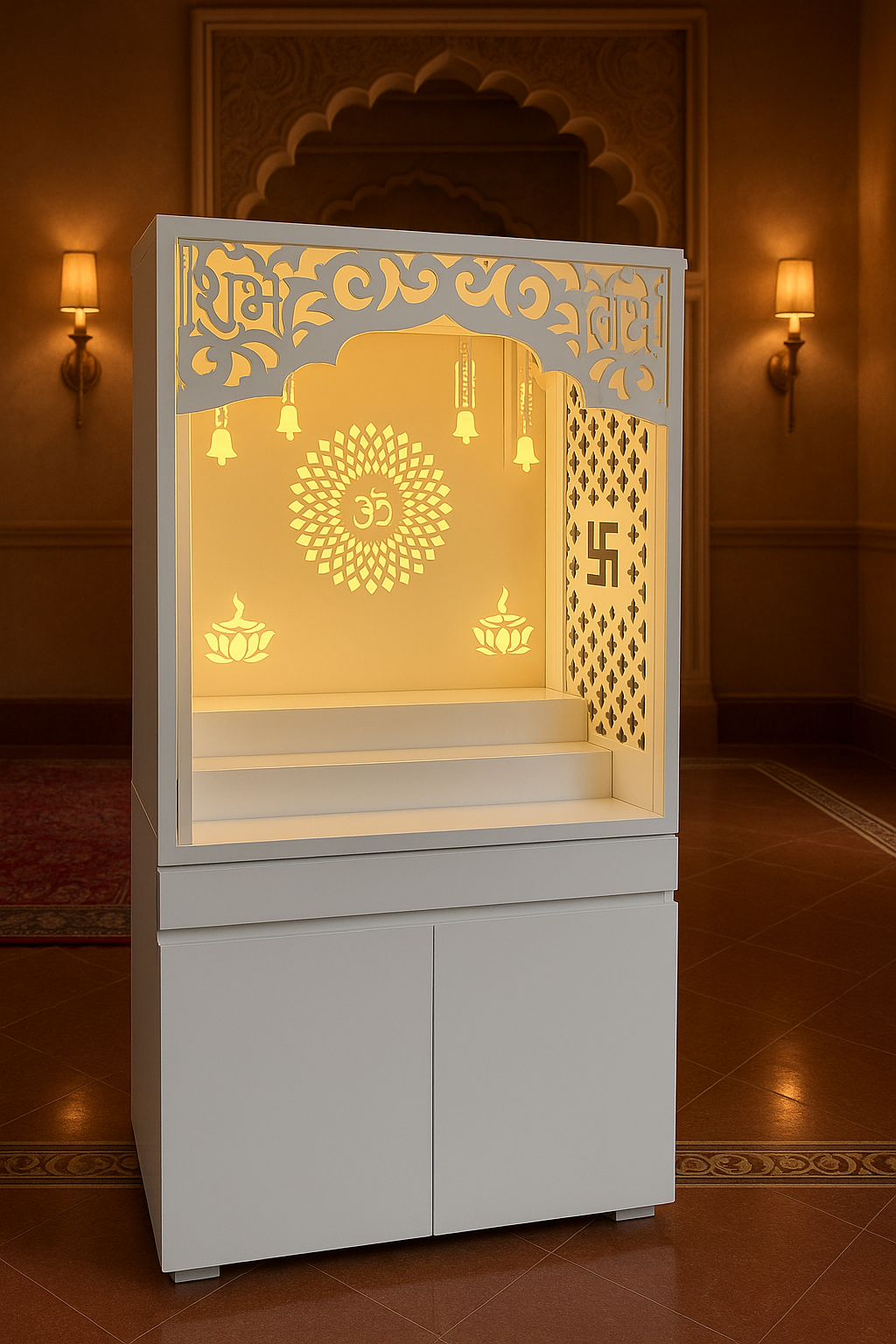 White Handleless Acrylic Mandir — Minimalist Home Temple — Luxury Indian Home Interior — Satguru Creations