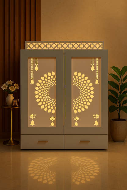 White Acrylic Mandir for Home — Modern Pooja Unit — Luxury Indian Home Interior — Satguru Creations