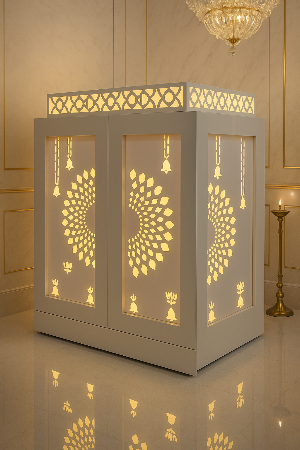White Acrylic Mandir for Home — Modern Pooja Unit — Luxury Indian Home Interior — Satguru Creations