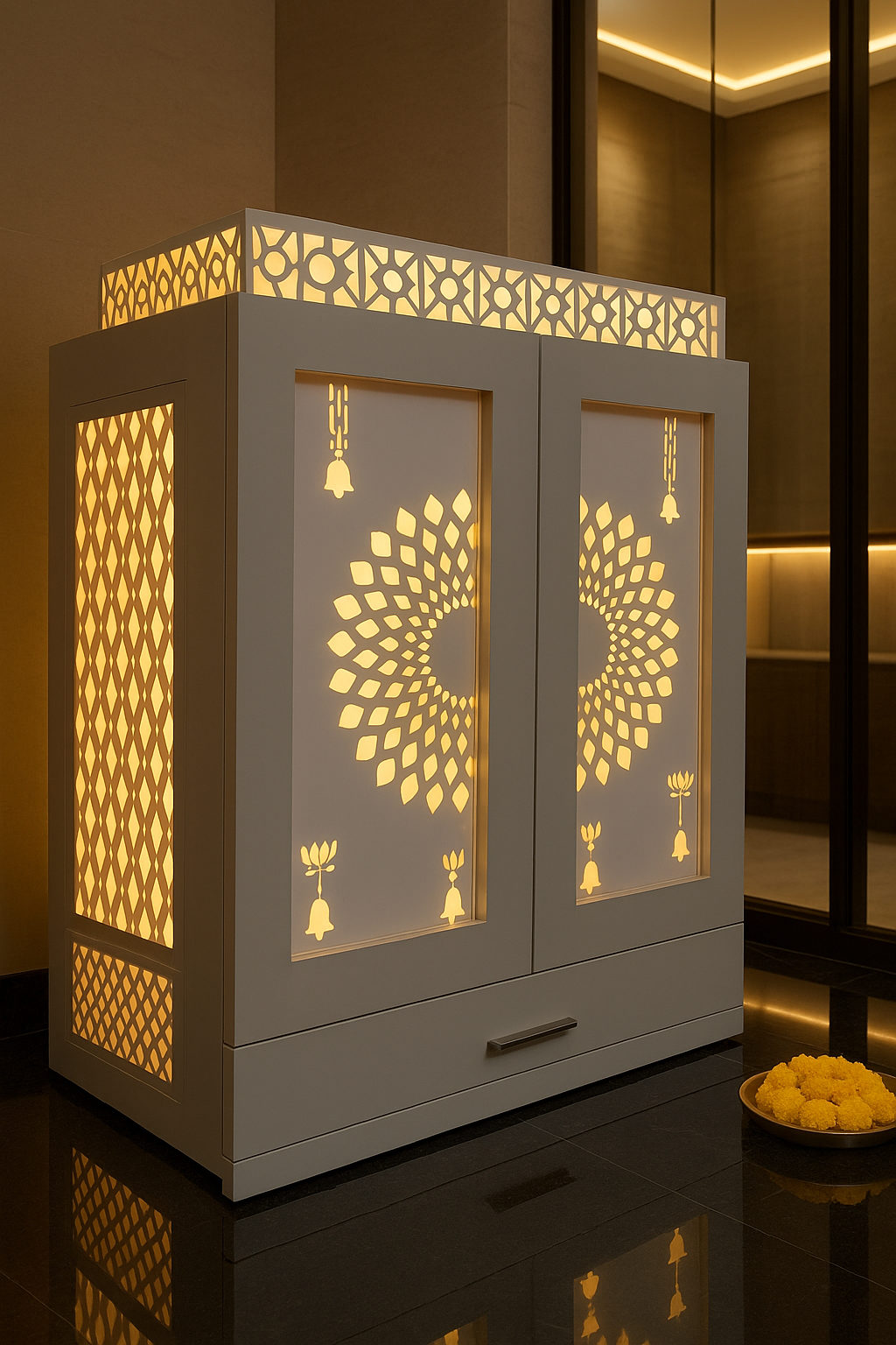 White Acrylic Mandir for Home — Modern Pooja Unit — Luxury Indian Home Interior — Satguru Creations