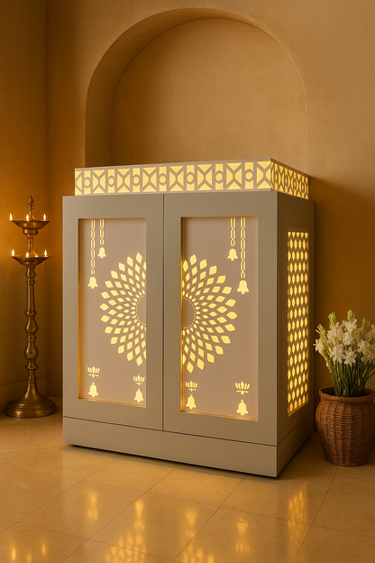 White Acrylic Mandir for Home — Modern Pooja Unit — Luxury Indian Home Interior — Satguru Creations