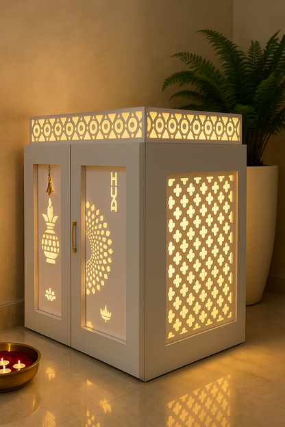 White Acrylic Mandir for Home — Modern Pooja Unit — Luxury Indian Home Interior — Satguru Creations