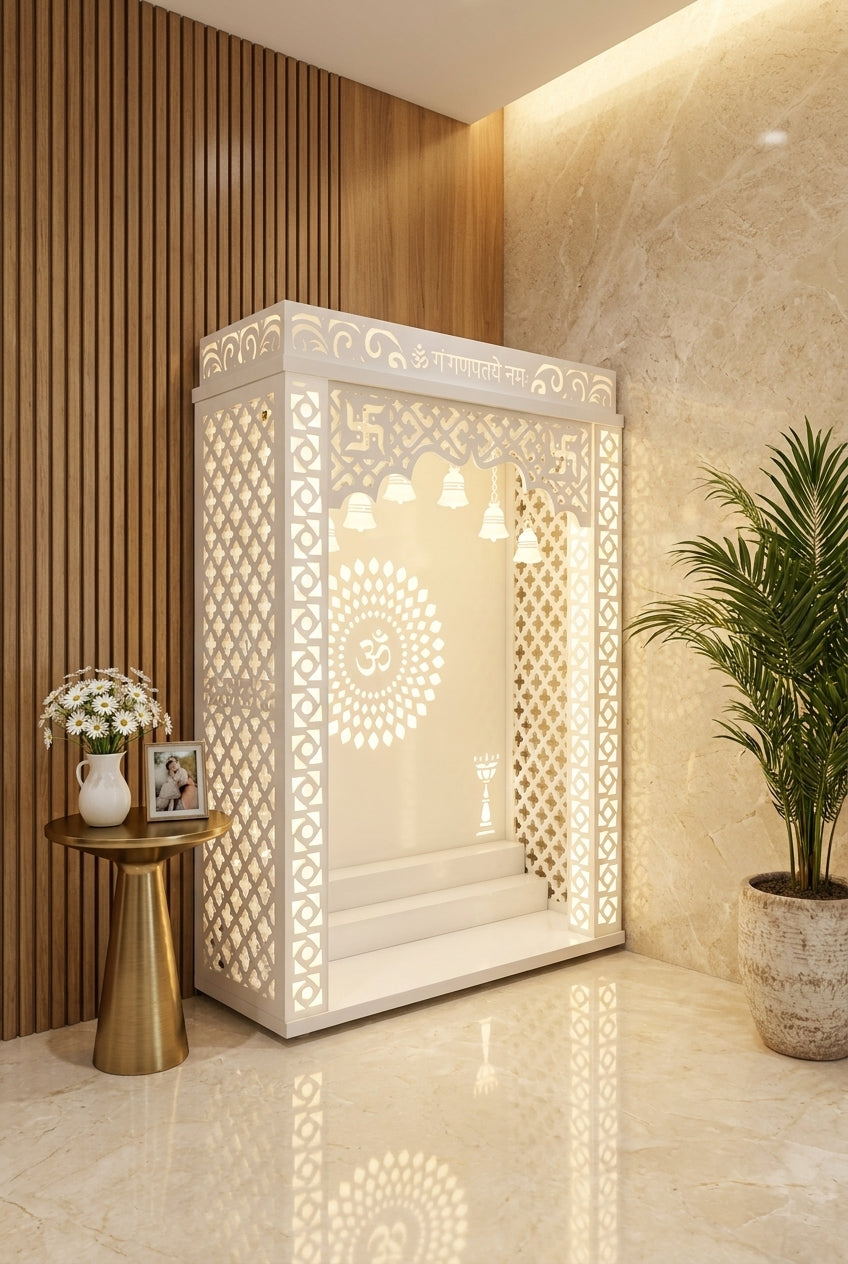Wall-Mount Corian Mandir with Backlit Pillars — Floating — Luxury Home Interior — Satguru Creations
