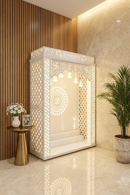 Wall-Mount Corian Mandir with Backlit Pillars — Floating — Luxury Home Interior — Satguru Creations