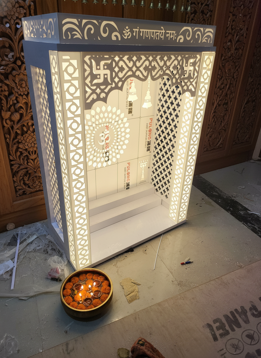 Wall-Mount Corian Mandir with Backlit Pillars — Floating — Luxury Indian Home Interior — Satguru Creations