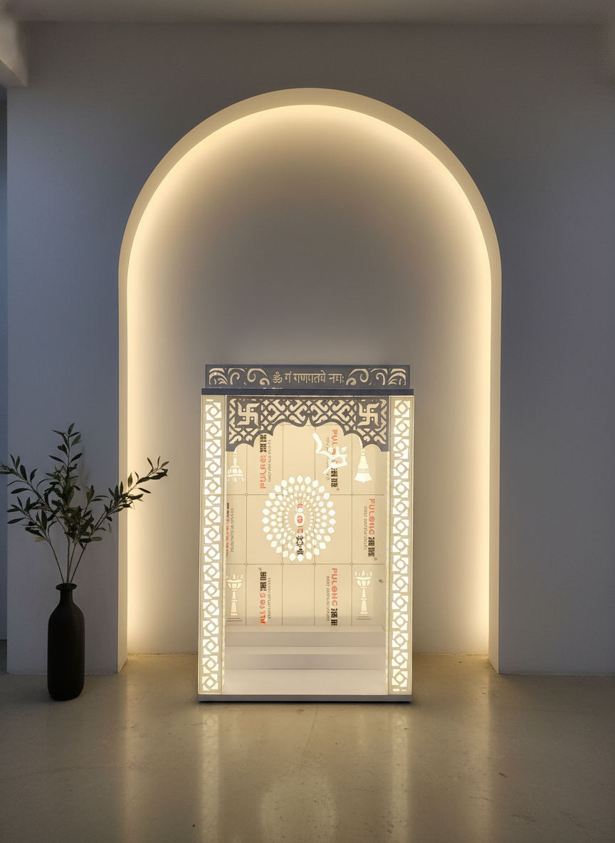 Wall-Mount Corian Mandir with Backlit Pillars — Floating — Luxury Indian Home Interior — Satguru Creations