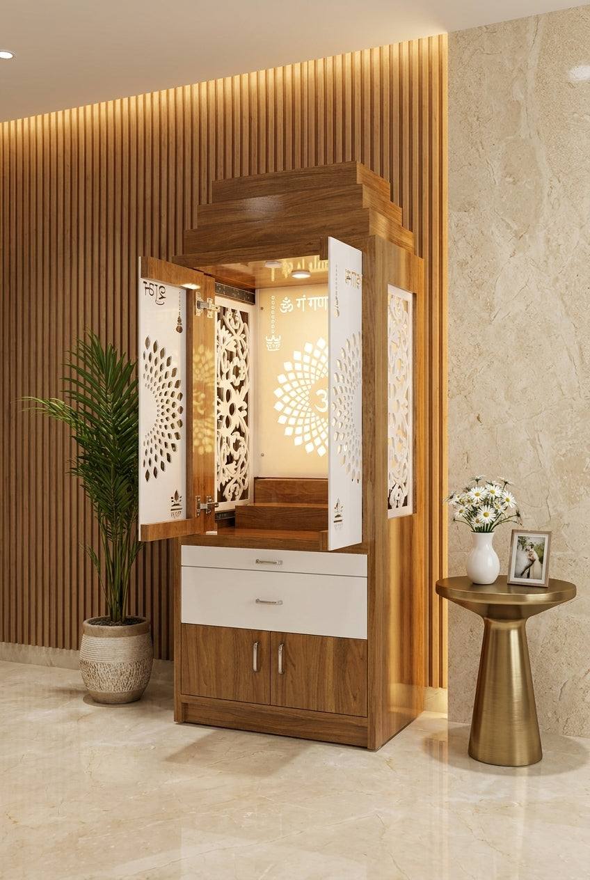 Full Sliding Door Corian Mandir — Acrylic Home Temple — Luxury Home Interior — Satguru Creations