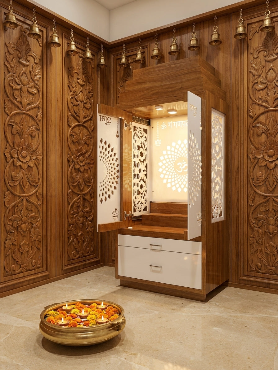 Full Sliding Door Corian Mandir — Acrylic Home Temple — Luxury Indian Home Interior — Satguru Creations