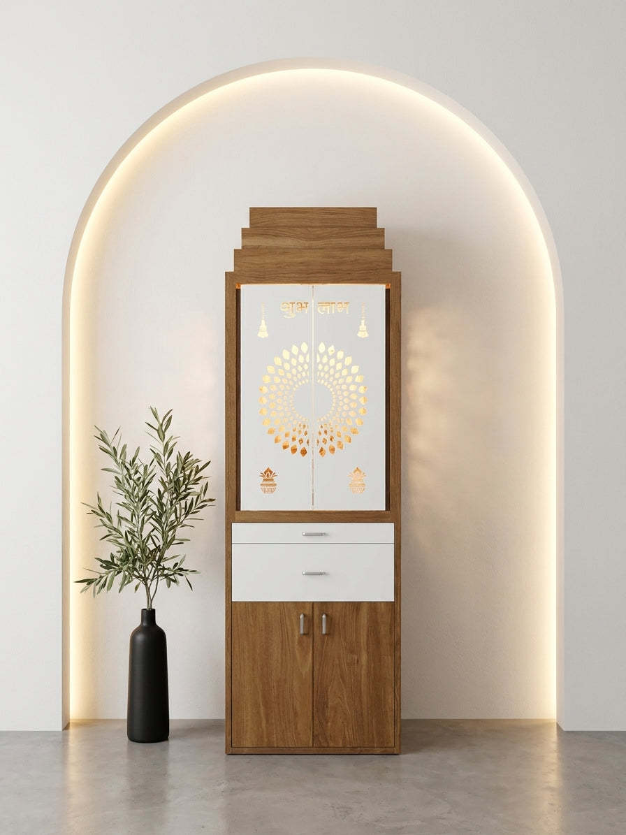 Full Sliding Door Corian Mandir — Acrylic Home Temple — Luxury Indian Home Interior — Satguru Creations
