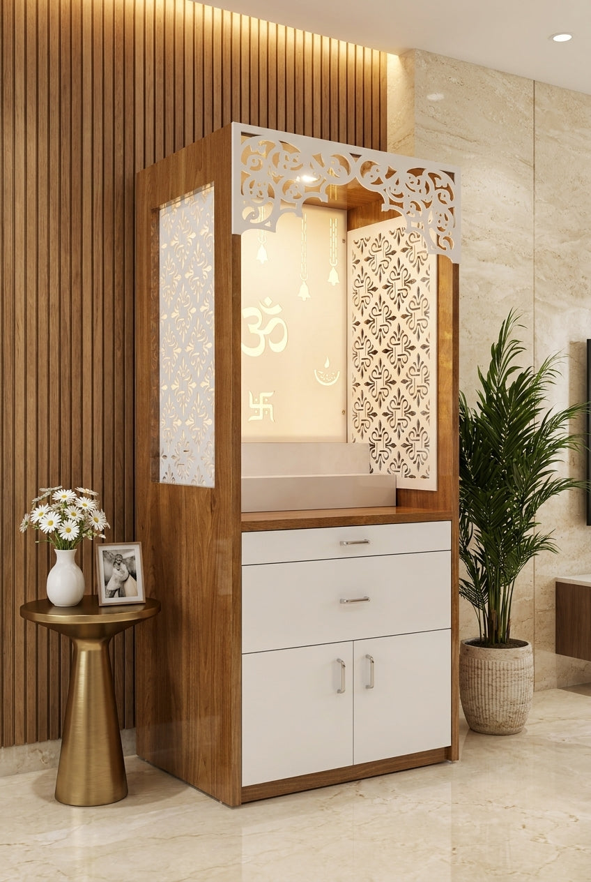 Acrylic Corian Mandir with Storage Unit — Drawer Pooja Cabinet — Luxury Home Interior — Satguru Creations