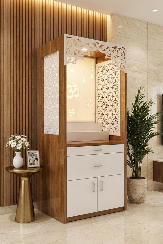Acrylic Corian Mandir with Storage Unit — Drawer Pooja Cabinet — Luxury Home Interior — Satguru Creations