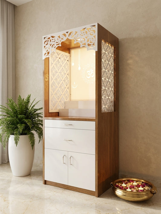 Acrylic Corian Mandir with Storage Unit — Drawer Pooja Cabinet — Luxury Indian Home Interior — Satguru Creations