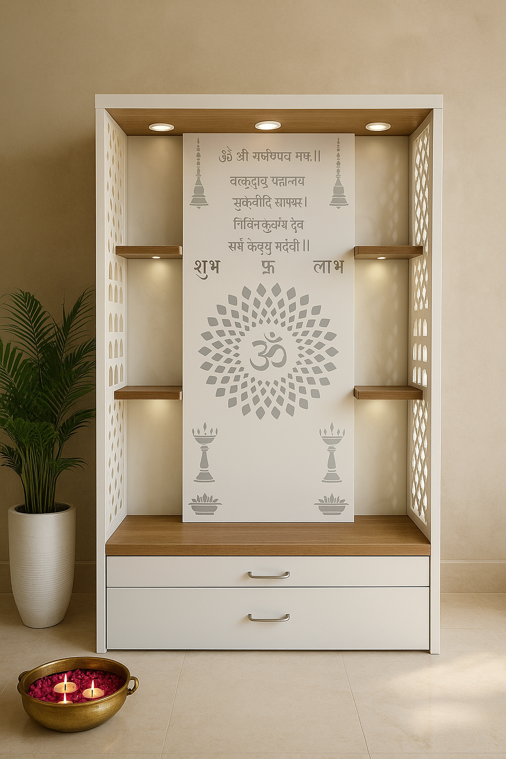 Acrylic Mandir with Floating Shelves — 5ft Open Altar — Luxury Indian Home Interior — Satguru Creations