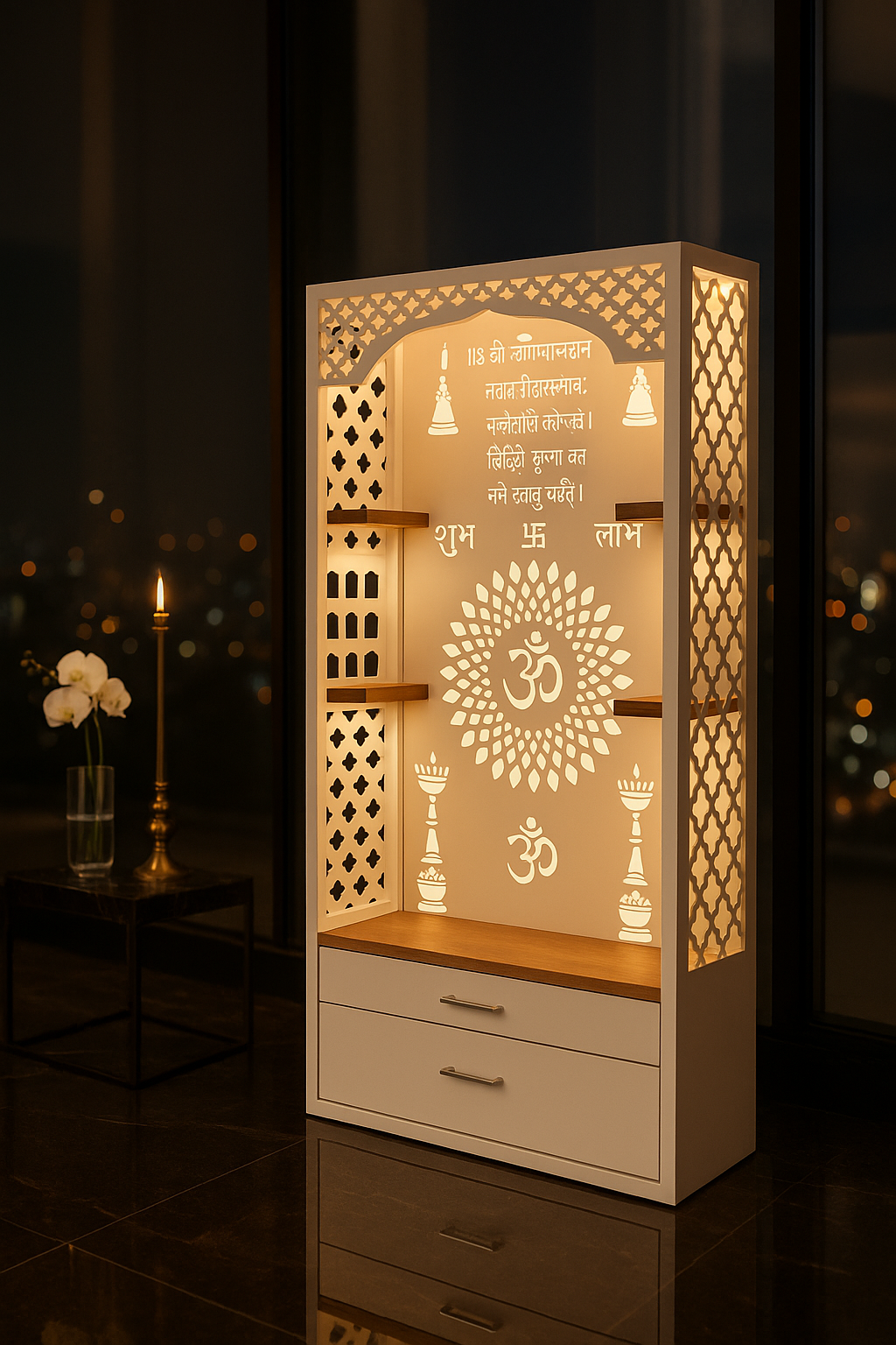 Acrylic Mandir with Floating Shelves — 5ft Open Altar — Luxury Indian Home Interior — Satguru Creations