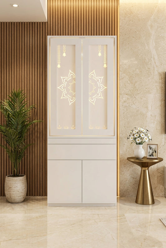 Compact Pocket Door Acrylic Mandir — Corian for Apartments — Luxury Home Interior — Satguru Creations