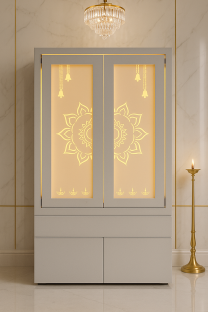 Compact Pocket Door Acrylic Mandir — Corian for Apartments — Luxury Indian Home Interior — Satguru Creations