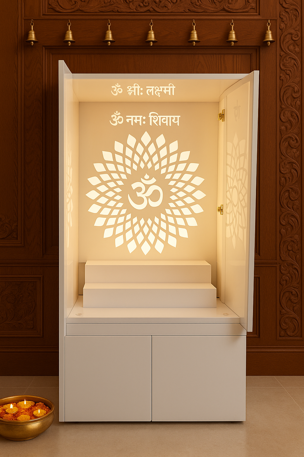 Compact Pocket Door Acrylic Mandir — Corian for Apartments — Luxury Indian Home Interior — Satguru Creations
