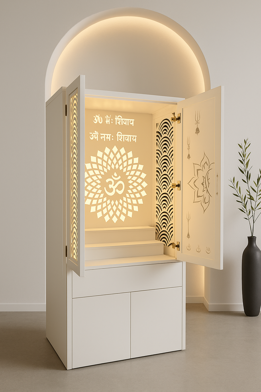 Compact Pocket Door Acrylic Mandir — Corian for Apartments — Luxury Indian Home Interior — Satguru Creations